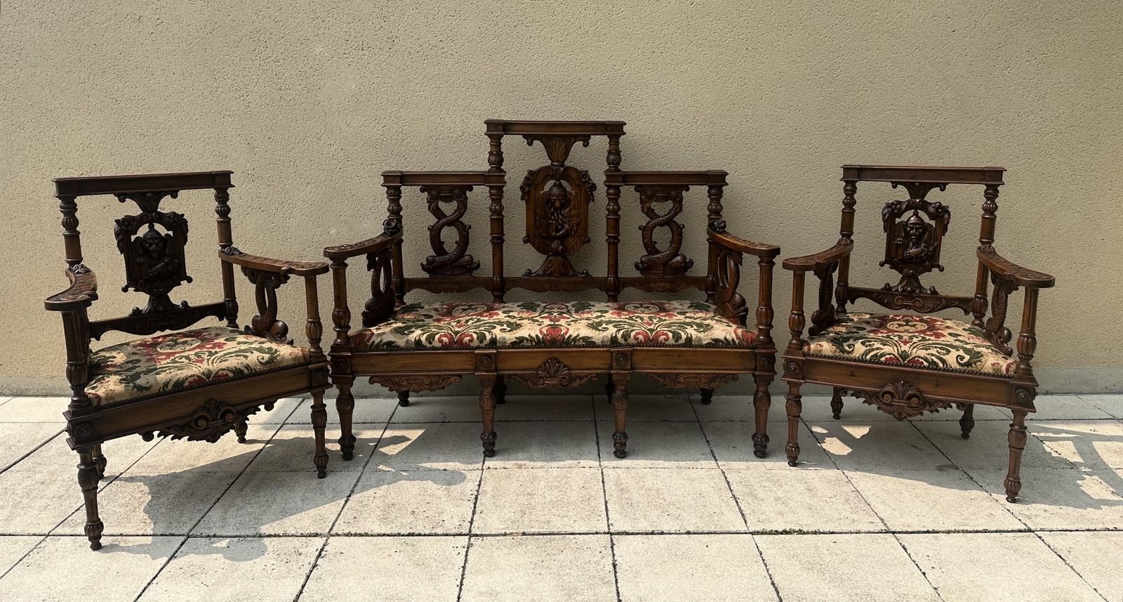 Superb Antique French Sofa & Chairs Set Neo Renaissance Figural / Fabric /Carved photo vintage