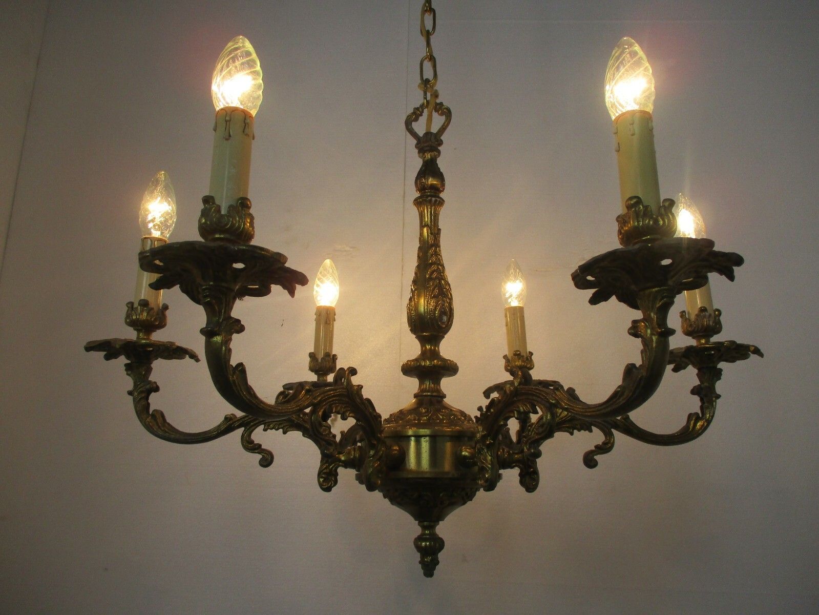 Impressive Chandelier 6 Arm Lights Brass Ornate Mid Century 50s Beatiful Working photo for sale