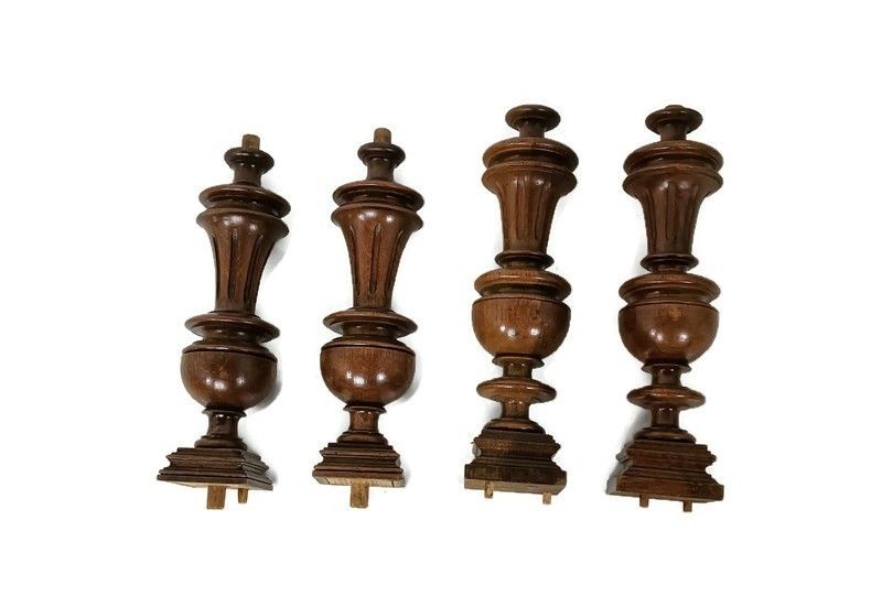 Set Of 4 Reclaimed Carved Wood Large Spindles Balusters Trim Posts Pillar Salvag