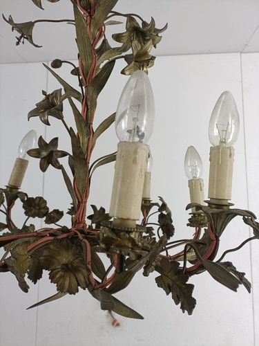 687.0 Antique Chandelier Pendant Ornate Brass Leafs Fixture Hollywood Regency Style photo