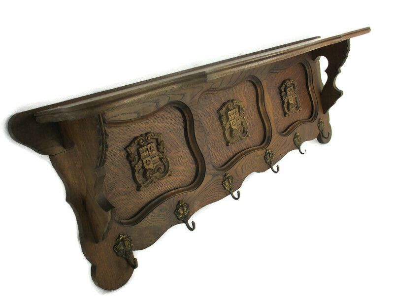 Xl Hand Carved Wood French Oak Coat Hat Kitchen Hallway Rack Antique  Shields