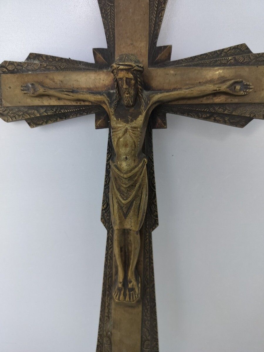 Vintage Ornate Brass  Wall Hanging Crucifix French Large Ayez Pitie De Nous photo furniture