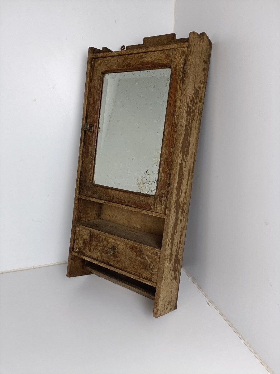 Medicine Apothecary Cabinet Wall Hanging Wood Beveled Glass Mirror, Antique photo furniture