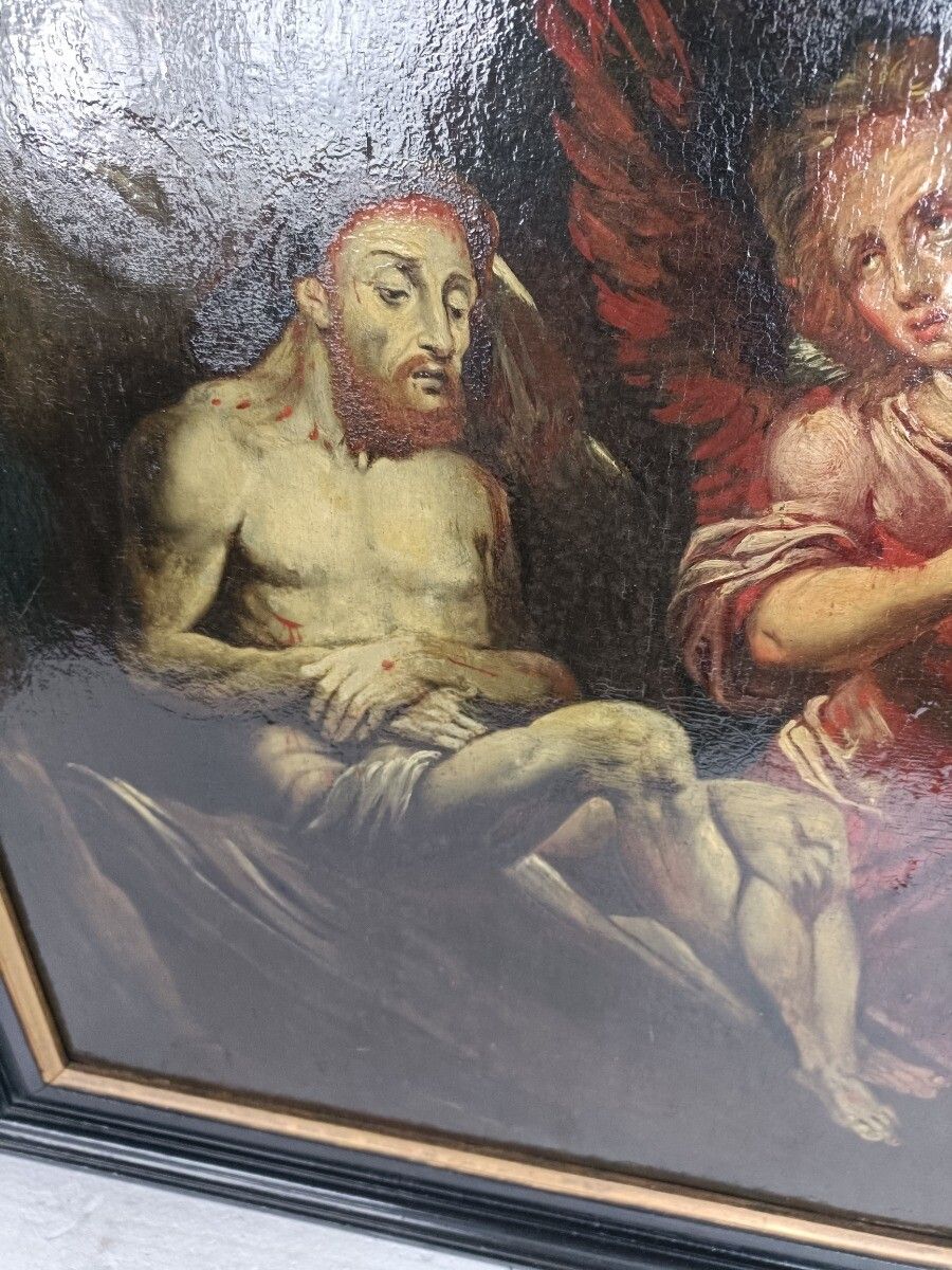 Stunning Painting Oil On Wooden Panel Jesus In Tomb With Angel 18th Century photo Art