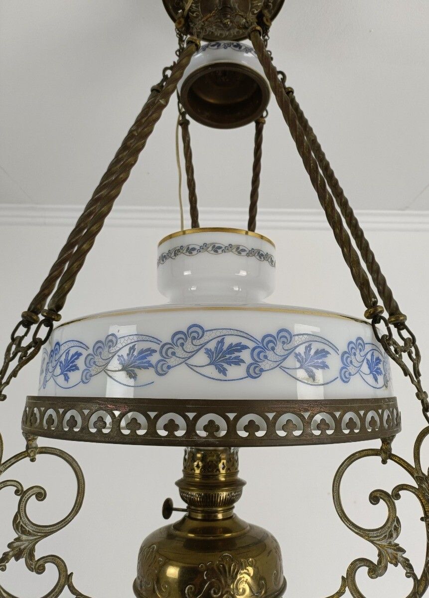 Lampe Belge Antique Chandelier Opaline Glass Shade Ornate Brass  1 Light Art Dec photo 566.0