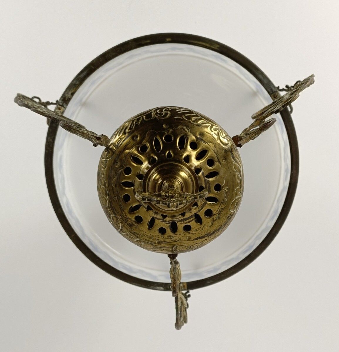 photo for sale Lampe Belge Antique Chandelier Opaline Glass Shade Ornate Brass  1 Light Art Dec