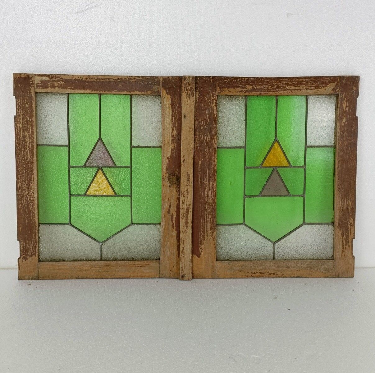 Pair Antique Leaded Glass Hand Carved Wooden Door Panels Reclaimed Architectural photo for sale