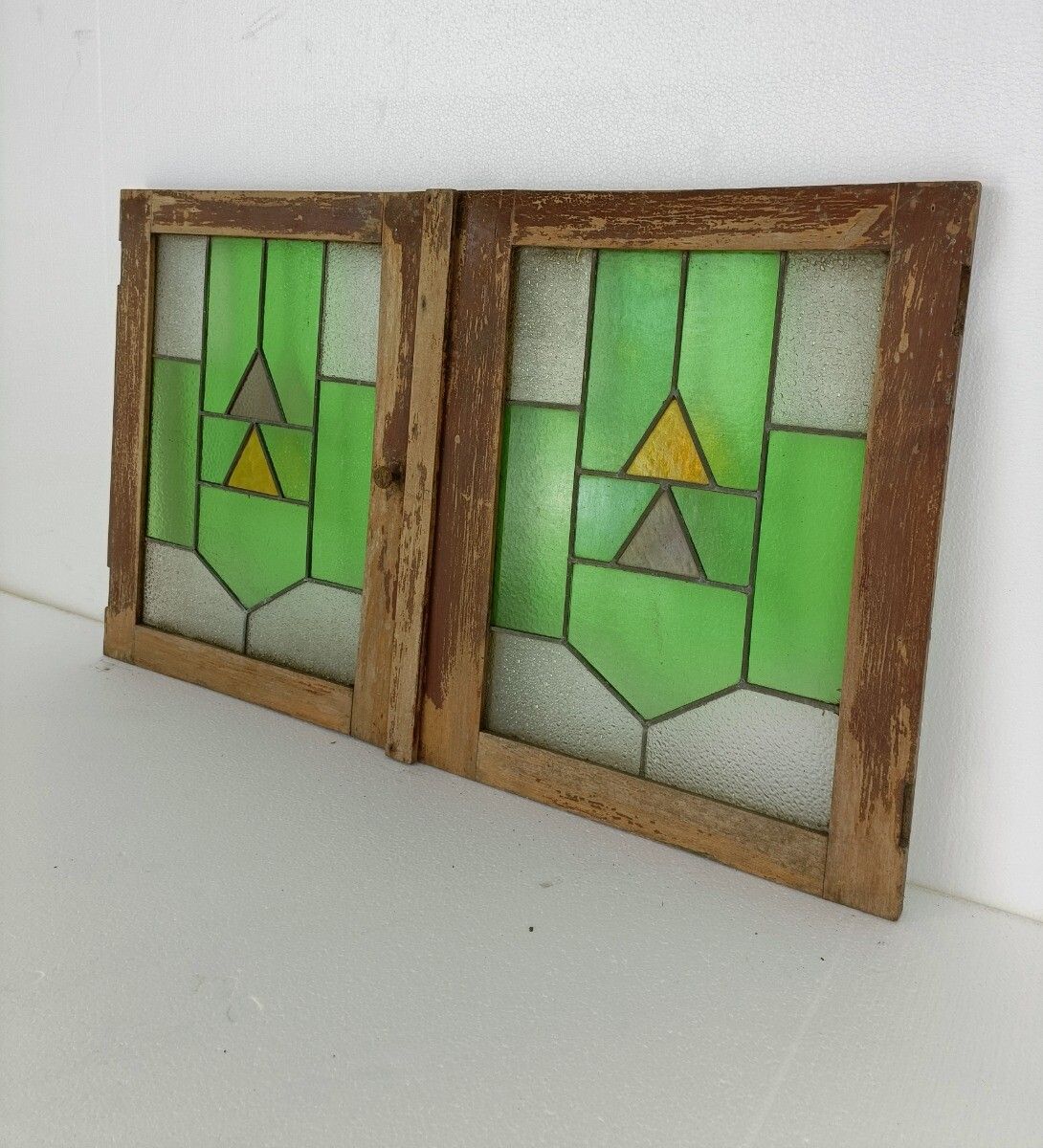 Pair Antique Leaded Glass Hand Carved Wooden Door Panels Reclaimed Architectural photo 323.0