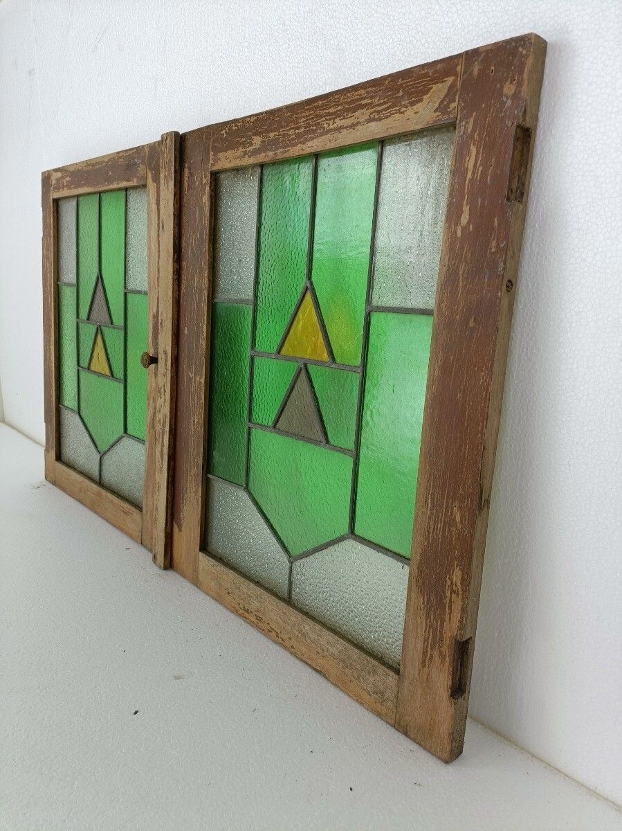 photo for sale Pair Antique Leaded Glass Hand Carved Wooden Door Panels Reclaimed Architectural