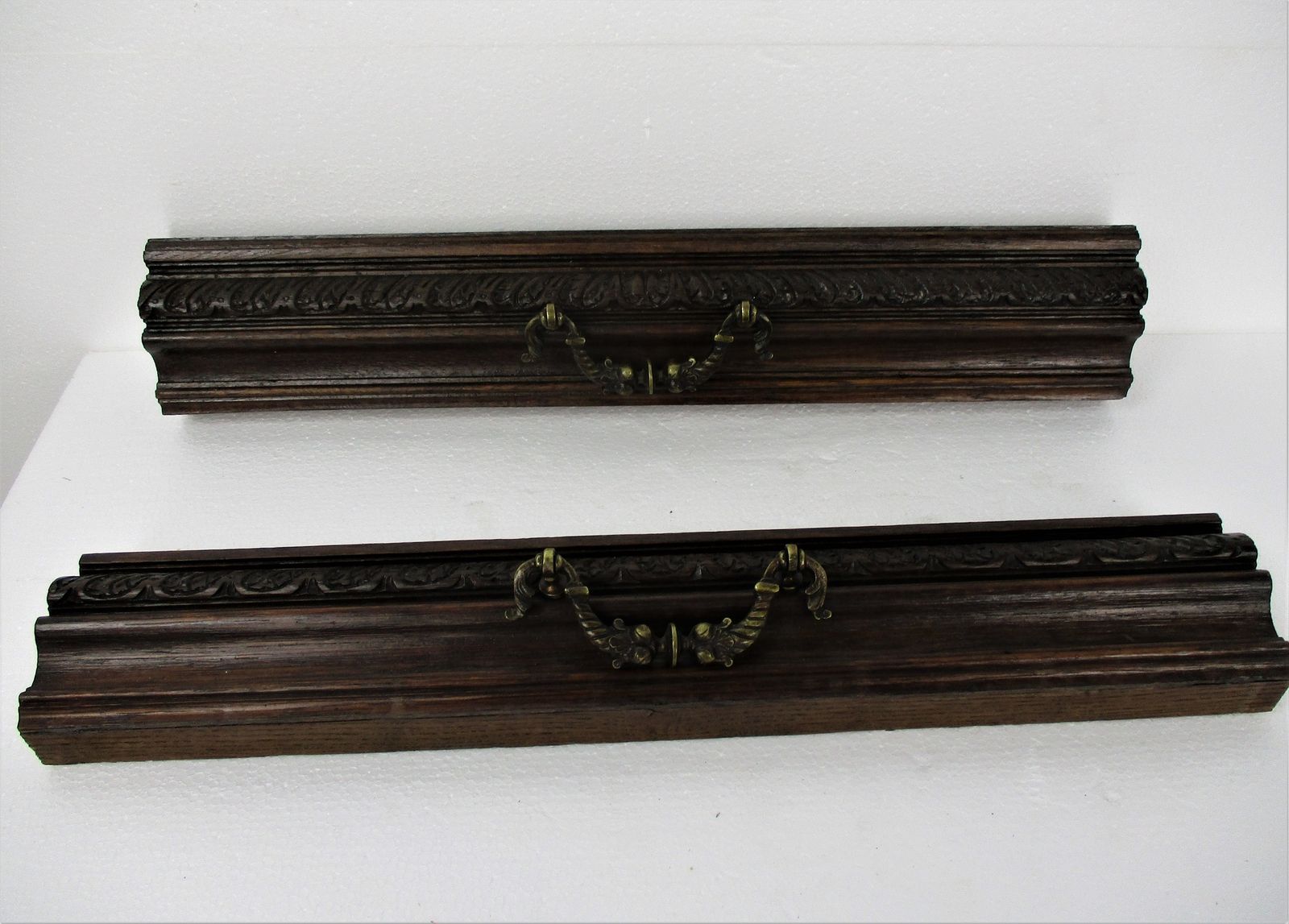 2 Pieces Antique French Carved Oak Reclaimed Architectural Trim Pediment Salvage photo for sale