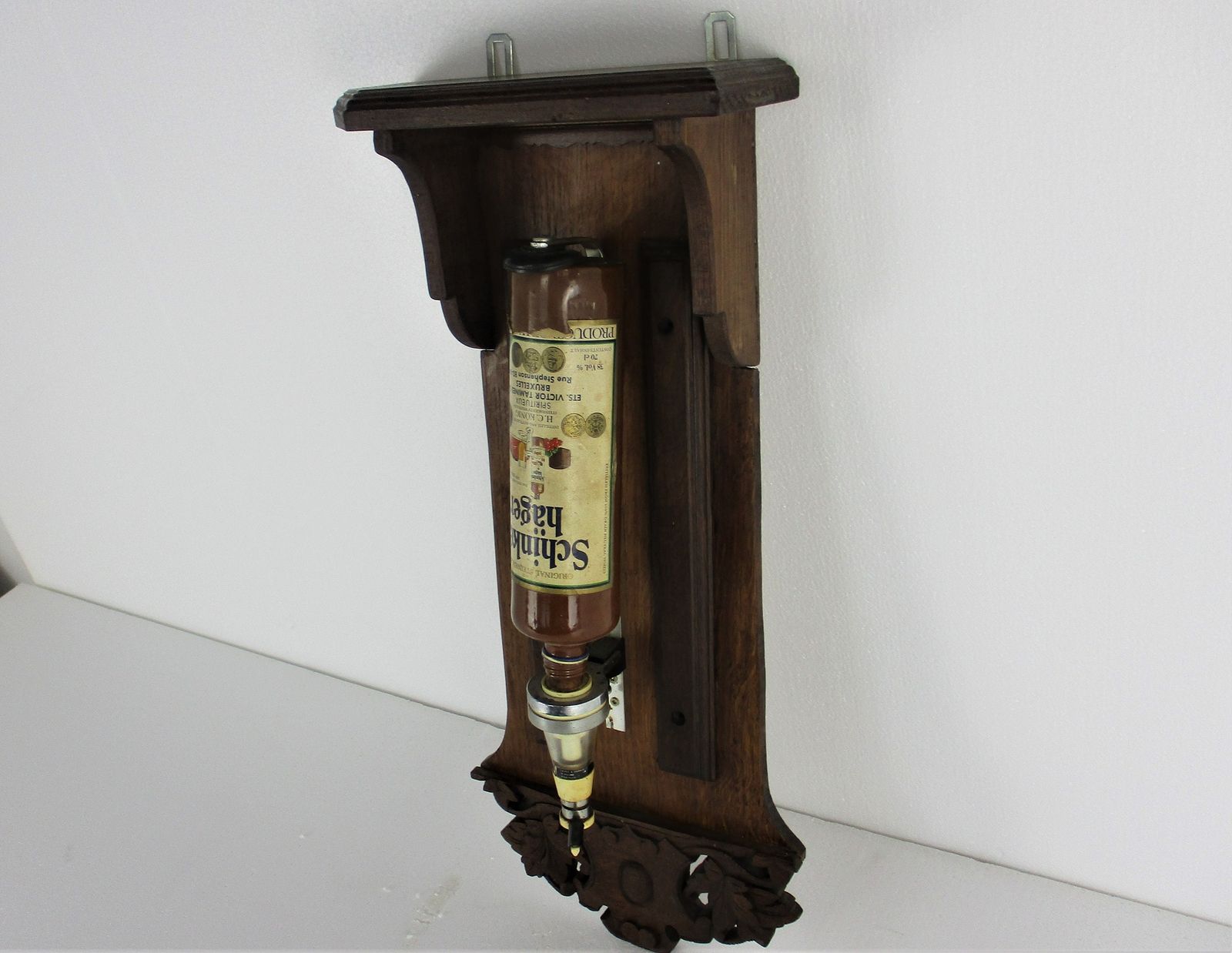Wall Hanging Hand Carved Ornate  Wood Bottle Holder Tap Antique  Country Barn St photo for sale
