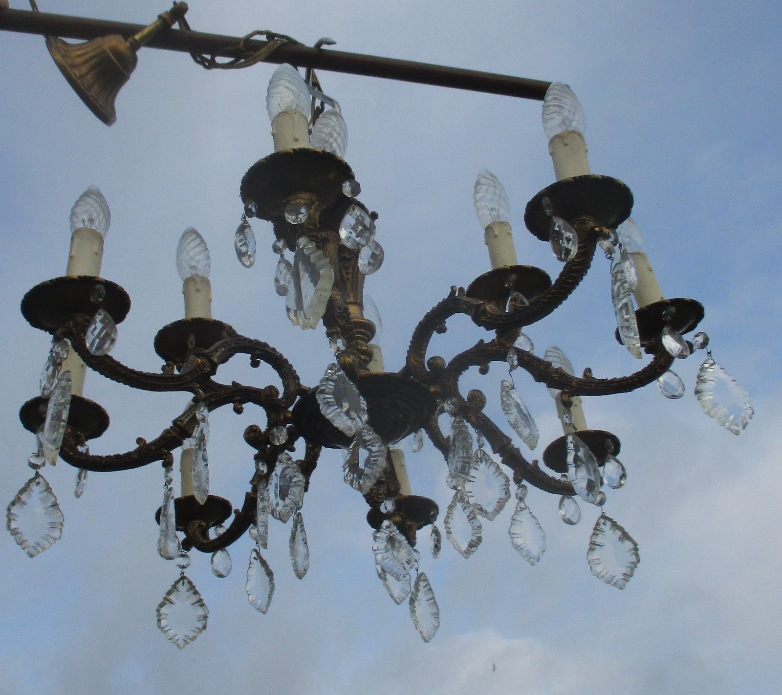 Vintage French Empire Style Chandelier Lamp  Prisms Brass 8 Arm 12 Lights photo Lighting