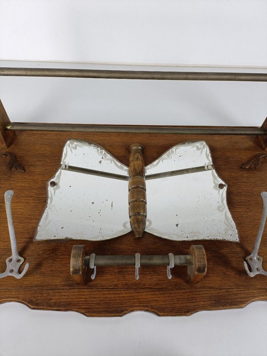 Carved Wood Coat Hat Rack Butterfly  Glass Mirror Art Deco  Antique Lovely photo vintage