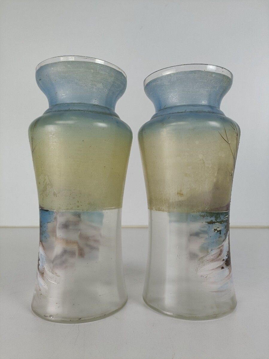 Art Deco Antique Hand Painted French Couple Of Vases Glass photo Home Decor