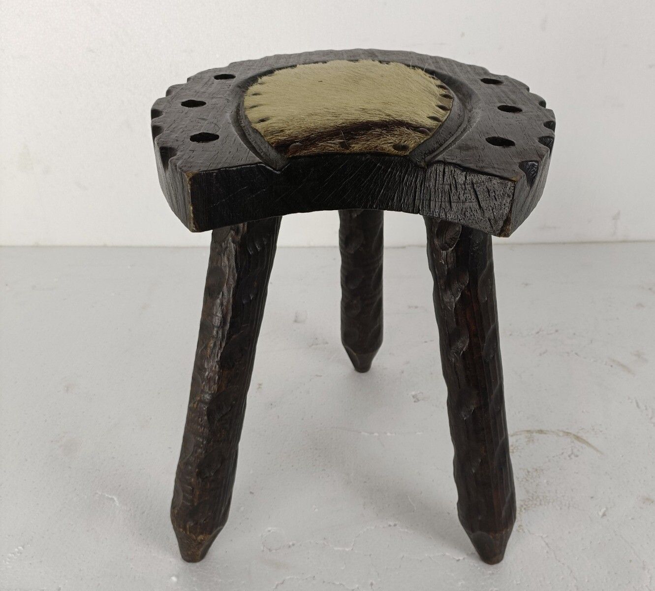 Spanish Milking Stool Table Pedestal Plant Bonsai Stand  Carved Wood Horseshoe photo Furniture