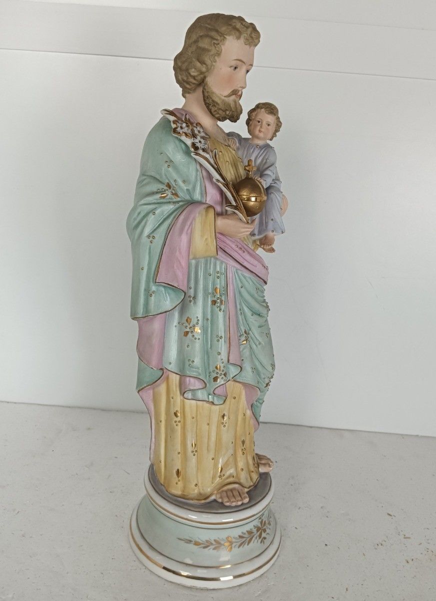 Antique Porcelain Bisque Statue Saint Joseph And Infant Jesus Protector Of Homes photo vinterior