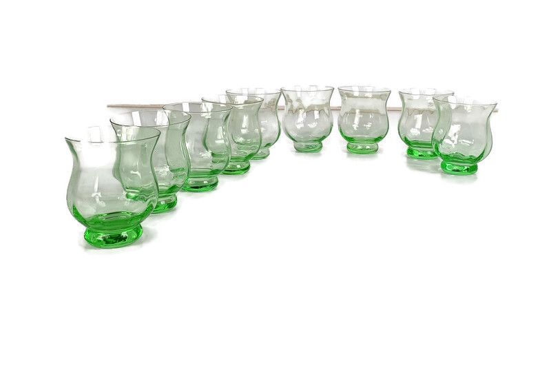 Set Of 9 Antique Green Glass Art Deco Drinking Tumbler Glasses