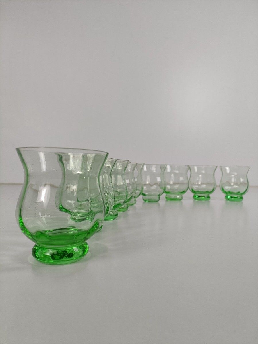 Set Of 9 Antique Green Glass Art Deco Drinking Tumbler Glasses photo for sale