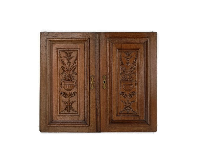 Pair French Hand Carved Wood Oak Door Panels Reclaimed Architectural Flower Bask