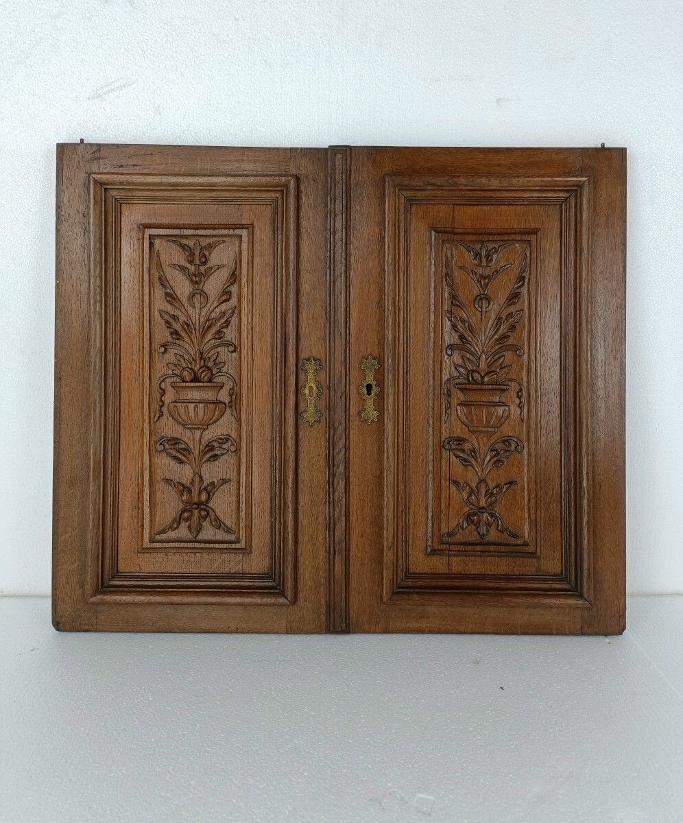 Pair French Hand Carved Wood Oak Door Panels Reclaimed Architectural Flower Bask photo furniture