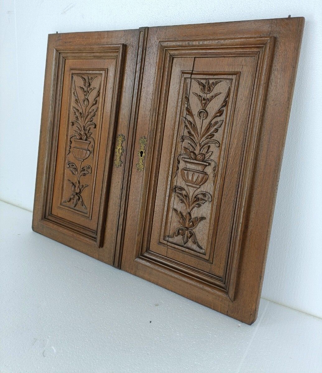 Pair French Hand Carved Wood Oak Door Panels Reclaimed Architectural Flower Bask photo vinterior