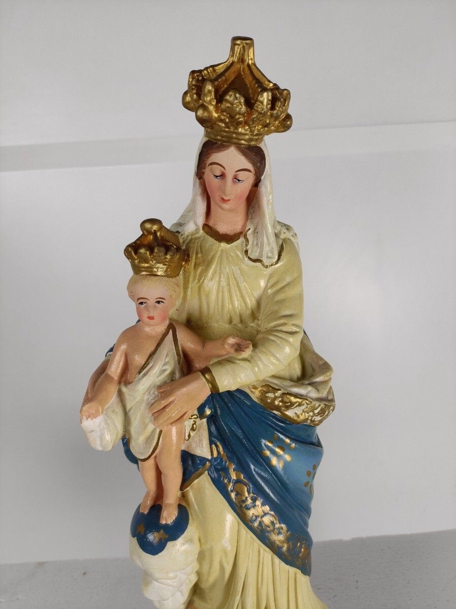 Antique Neo Gothic Statue Plaster Polychrome Our Lady Of Victory With Infant Ang photo for sale