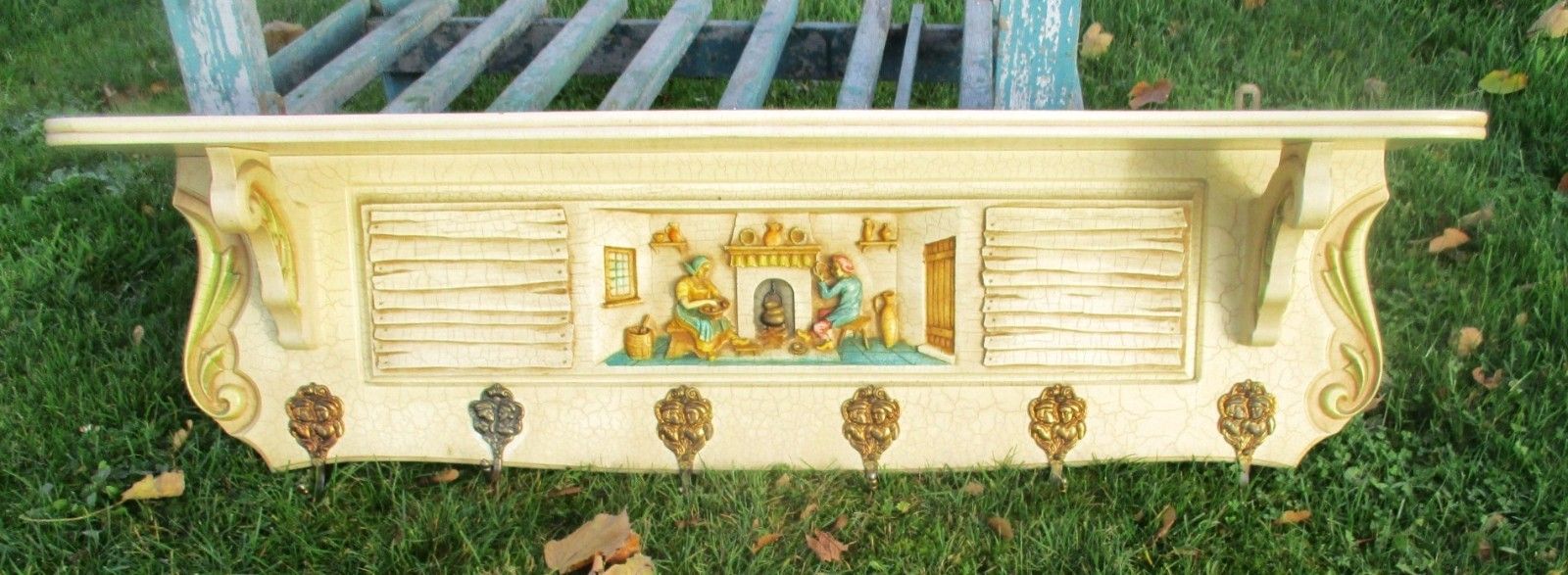 Vintage French Provincial Wooden Coat Hat Rack Farmer Fireplace Crackled Beige photo for sale