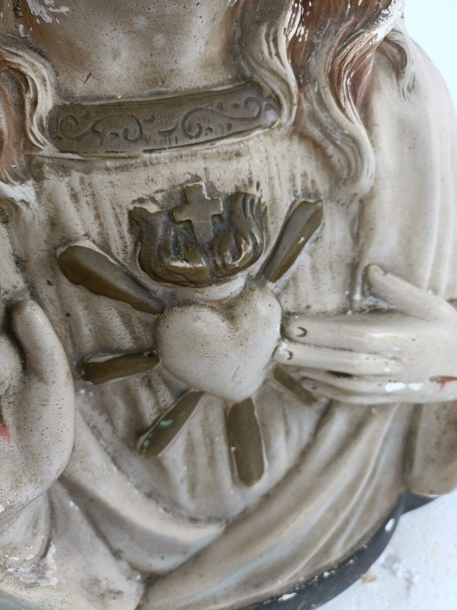 Antique Plaster French Bust Jesus Christ Statue Sacred Heart Art Deco Polychrome photo vinterior