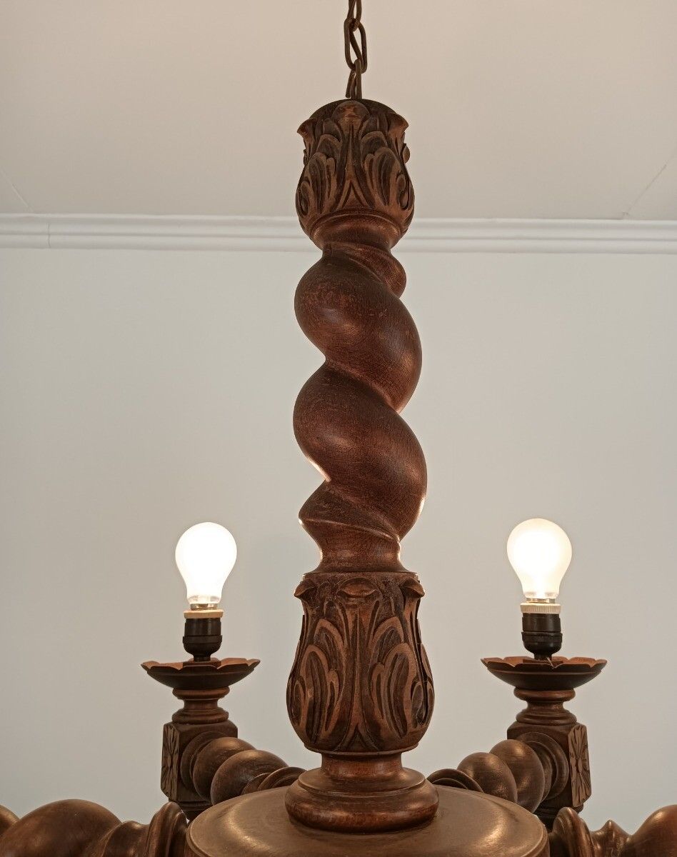 Wooden Vintage Carved Wood Barley Twist Chandelier Ornate Farmhouse Style Barn photo for sale