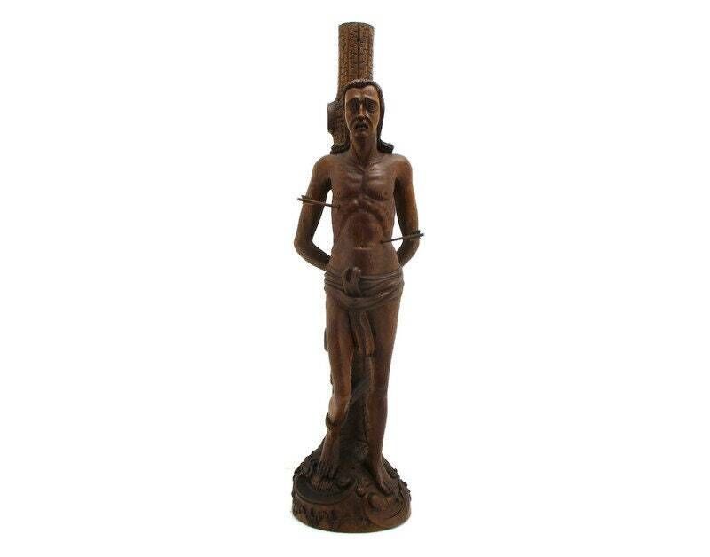 L Hand Carved Wooden Statue Saint Sebastian Martyr Saint Sculpture Collector Wow