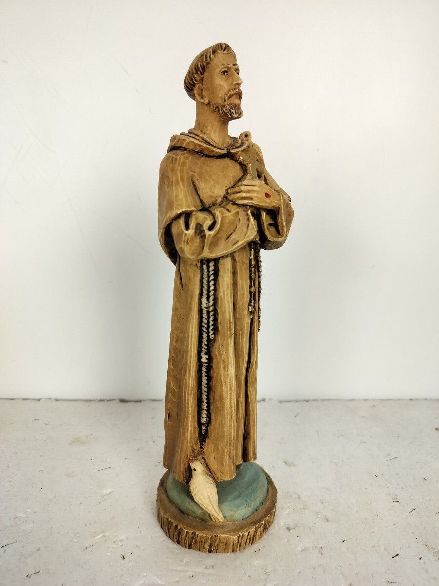 Statue Figurine Saint Francis Of  Assisi Surrounded By Birds Resin Vintage Lovel photo vinterior