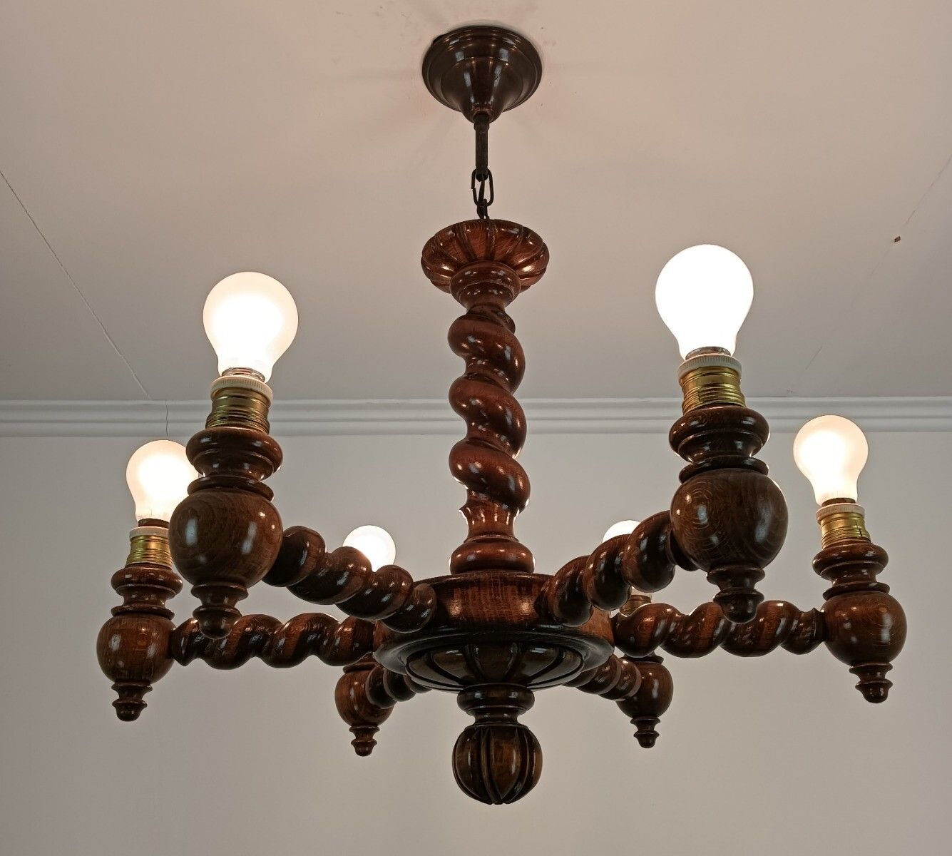 Barley Twist Twisted Wooden Wood Chandelier Gorgeously Carved 6 Lights Arm Farmh photo vinterior