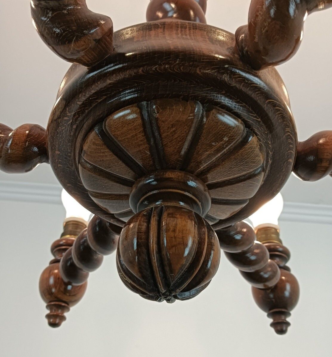 Barley Twist Twisted Wooden Wood Chandelier Gorgeously Carved 6 Lights Arm Farmh photo buy