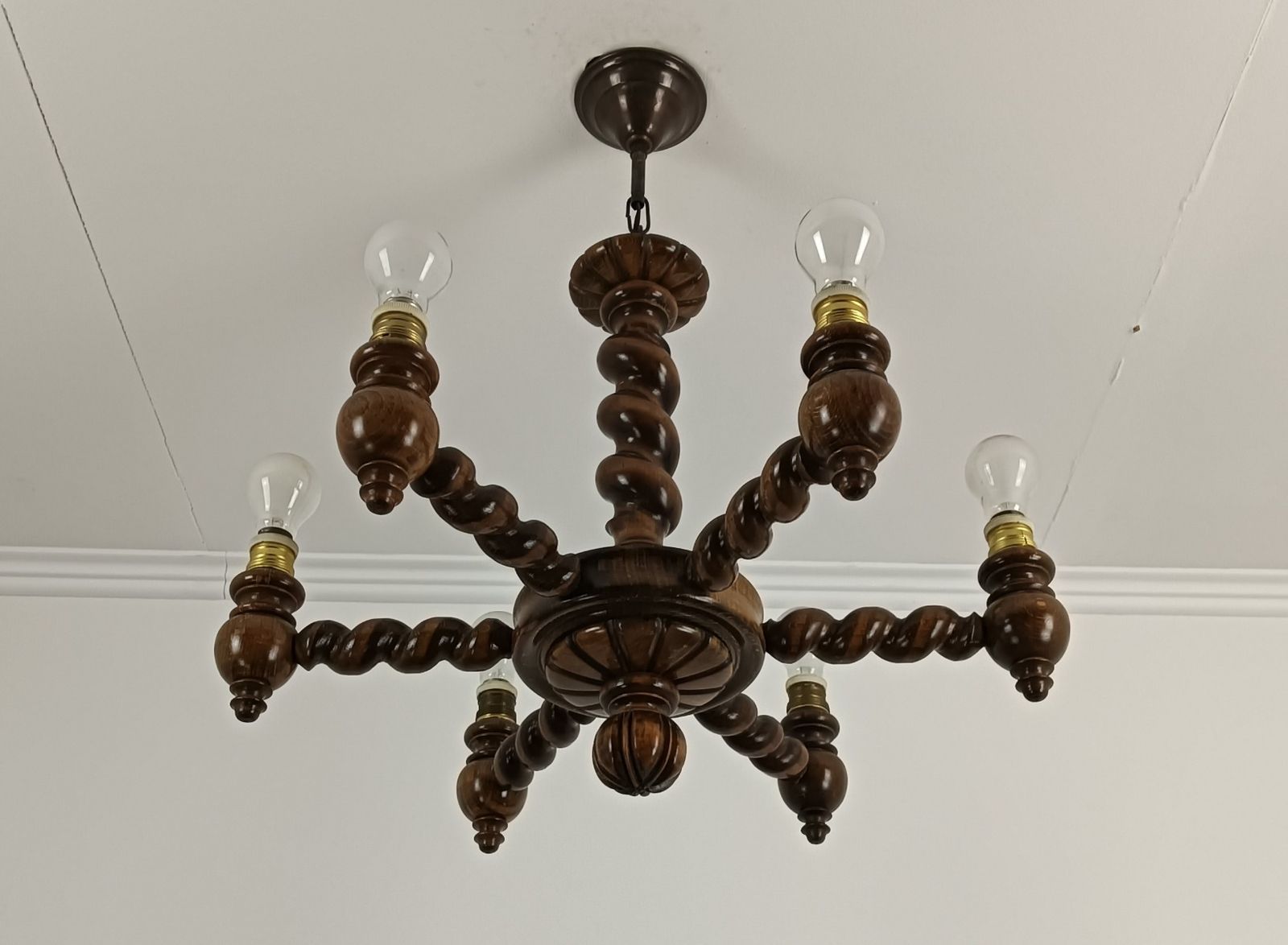 photo for sale Barley Twist Twisted Wooden Wood Chandelier Gorgeously Carved 6 Lights Arm Farmh