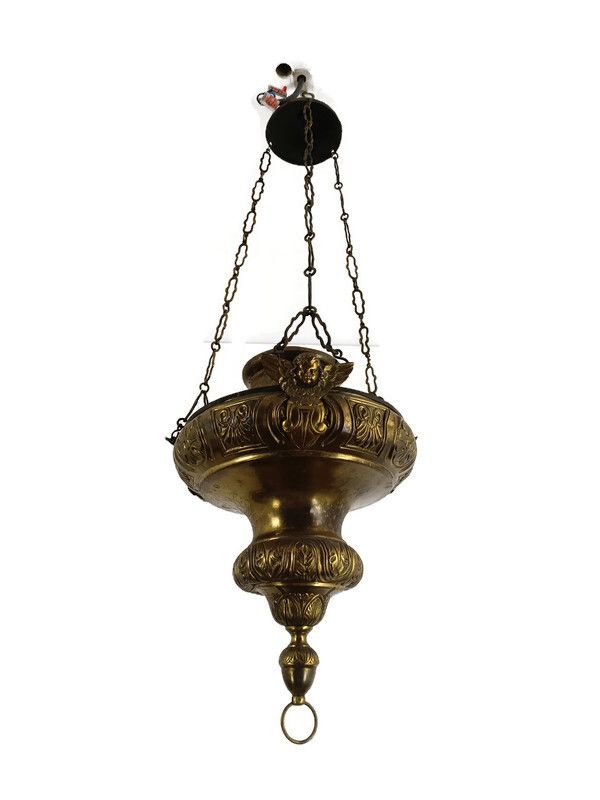 Antique French Brass  Neo Gothic Sanctuary Lamp Church Ornate Htf