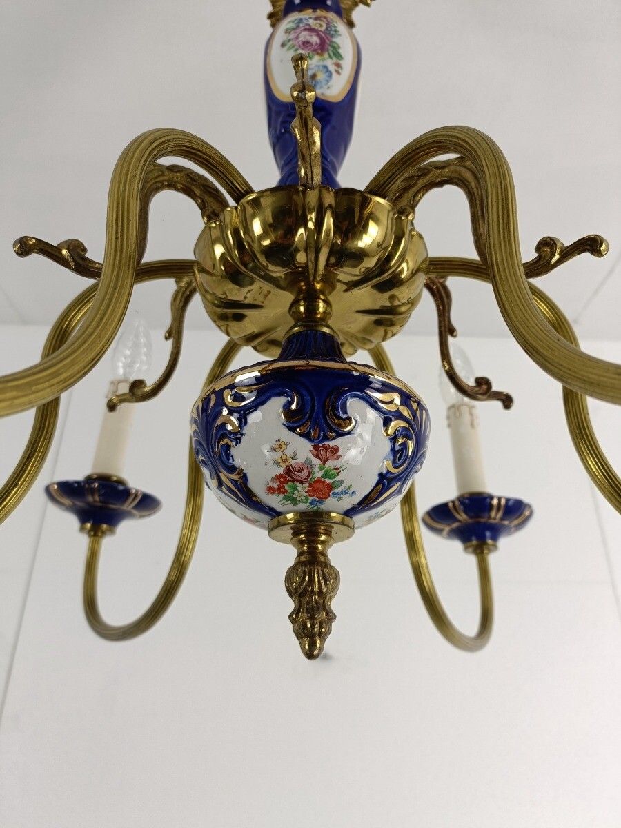 Italian Porcelain Chandelier Cobalt Blue Italy Vintage 6 Lights 6 Arm photo buy
