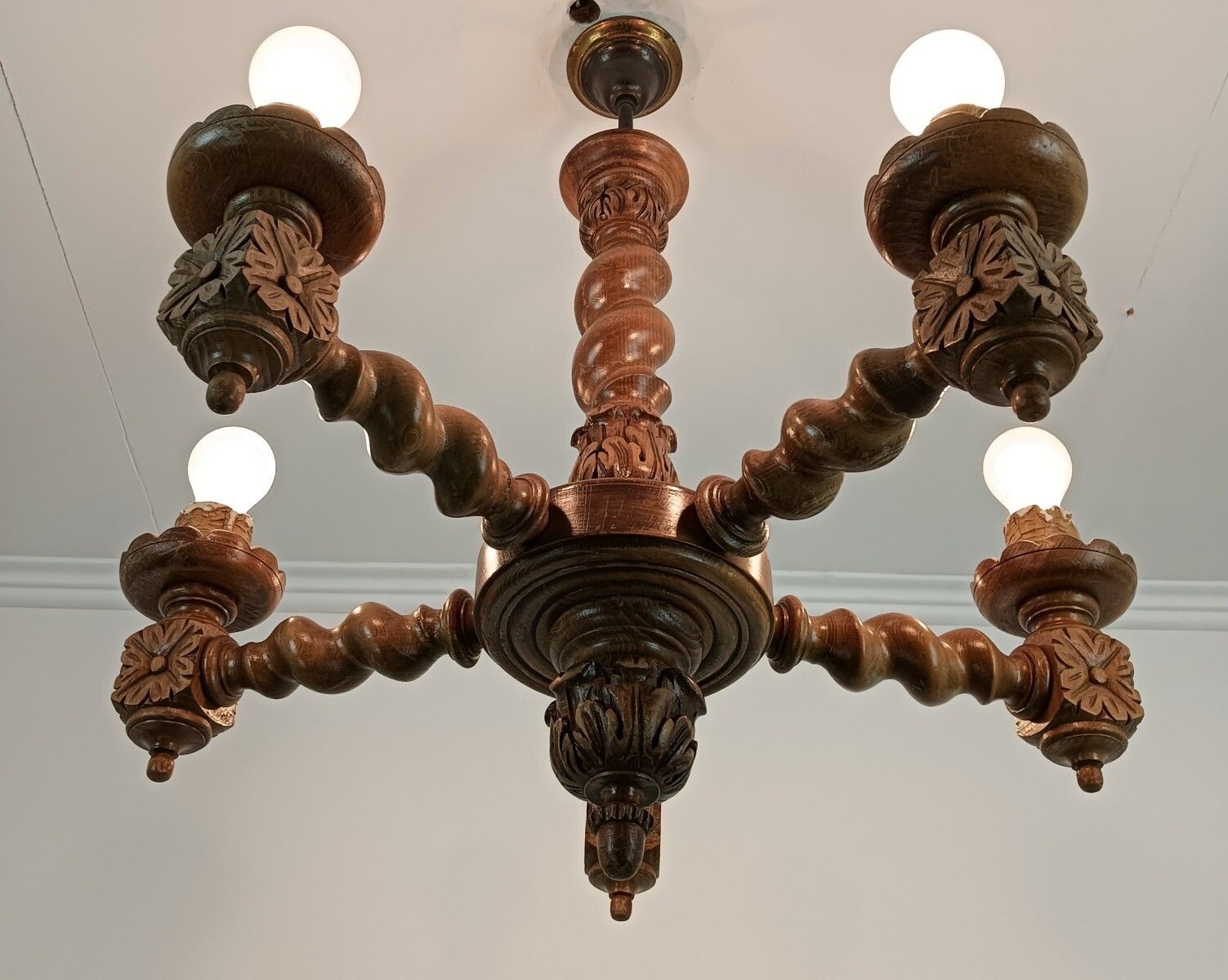 Barley Twist Carved Wooden Wood Chandelier Ornate Gorgeous 6 Lights Arm Farmhous photo for sale