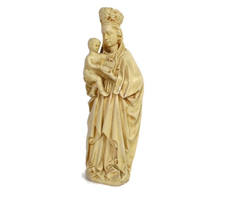 Statue Virgin Mary Madonna Crowned Infant Child Plaster Vintage Large Beautiful photo furniture