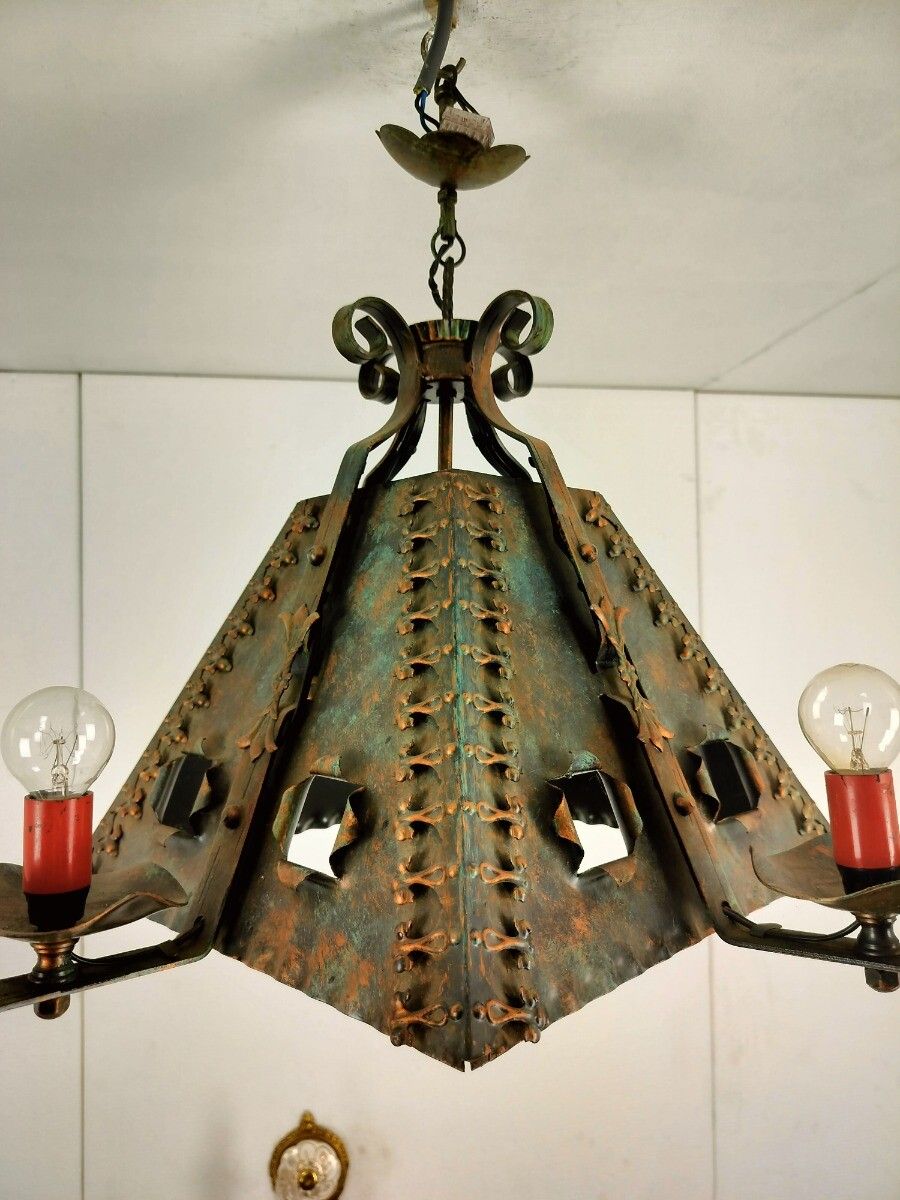 photo for sale Chandelier Pendant Funky Gothic Style Metal Shade Brass Look 5 Lights