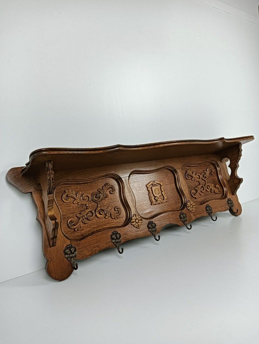 Large Carved Wooden Coat Hat Rack Antique Ornate Flower Pattern Hallway Farmhous photo for sale