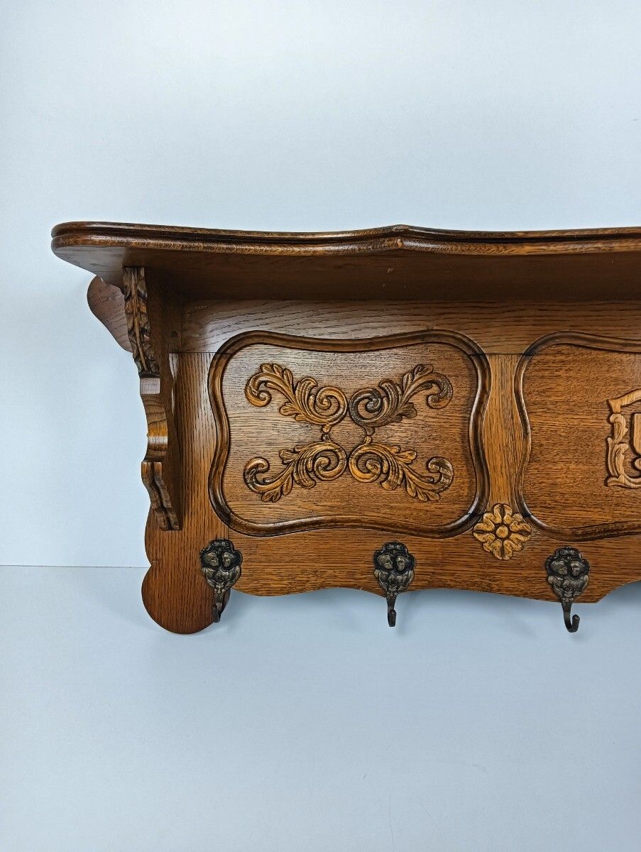 Large Carved Wooden Coat Hat Rack Antique Ornate Flower Pattern Hallway Farmhous photo 404.0