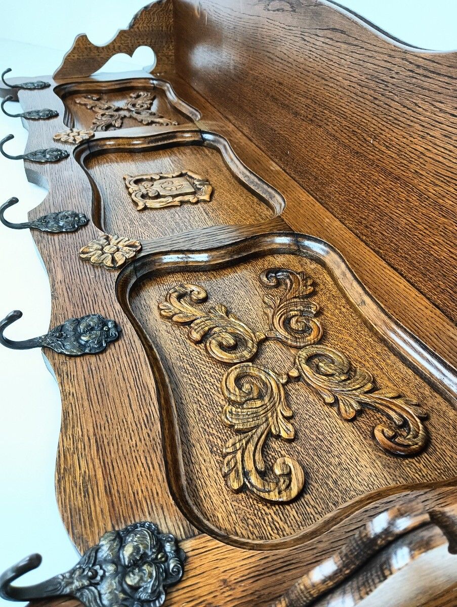 photo for sale Large Carved Wooden Coat Hat Rack Antique Ornate Flower Pattern Hallway Farmhous
