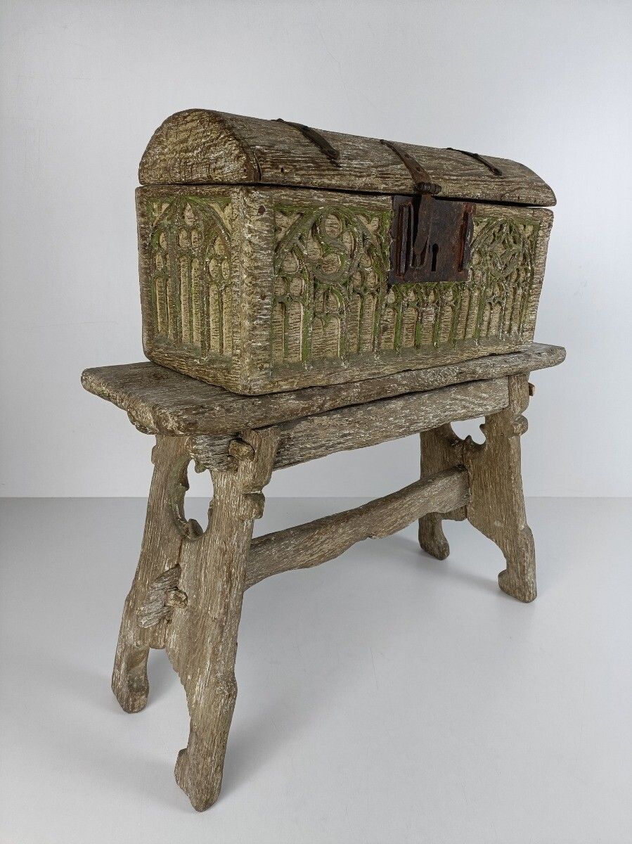 Gothic Antique 18th Century Carved Wooden Set Chest And Bench Polychrome Wow photo furniture