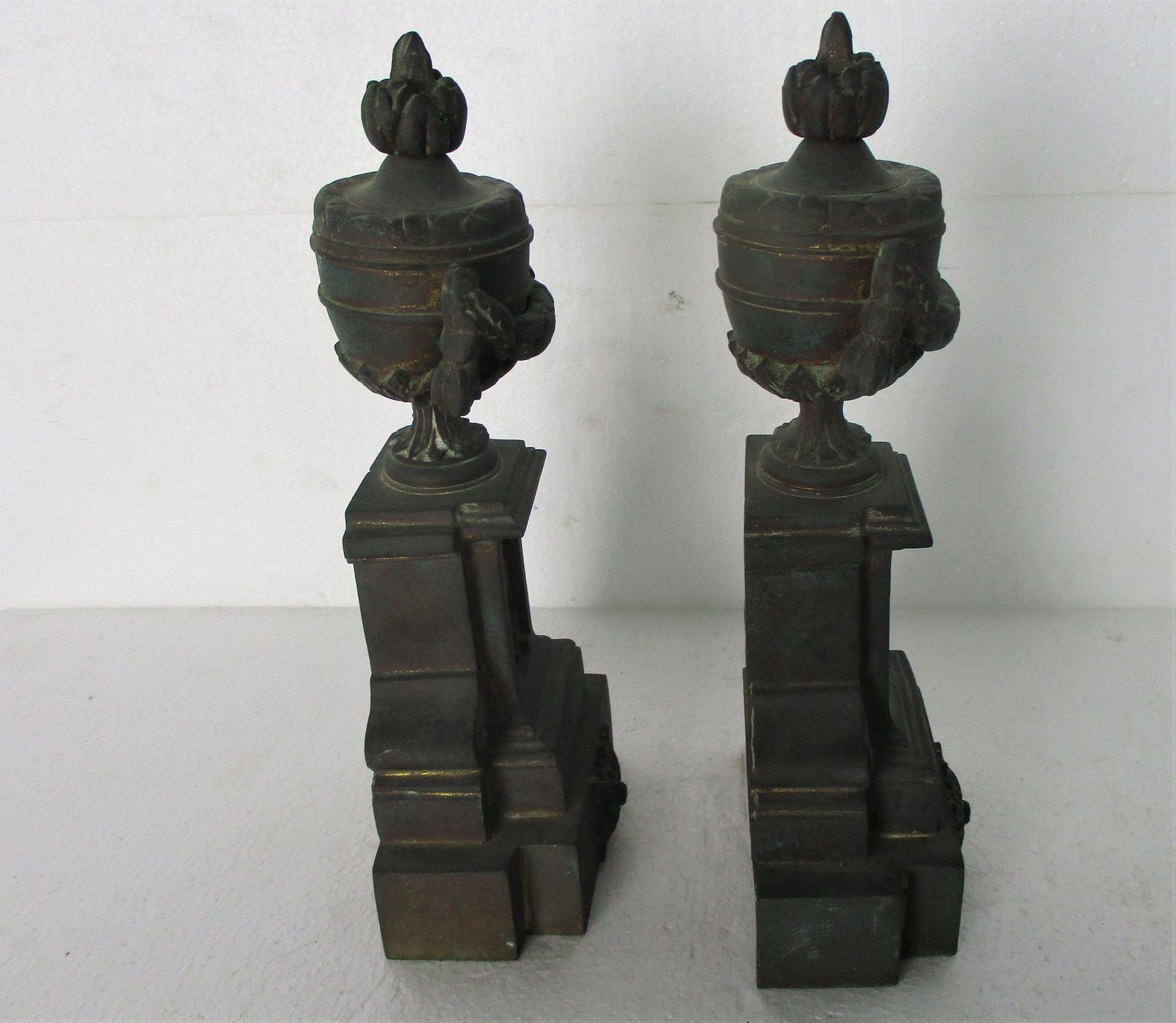 2 Piece Garniture Mantle Set Bronze Ornated Chimney Lining Andirons Heavy Decora photo 223.0