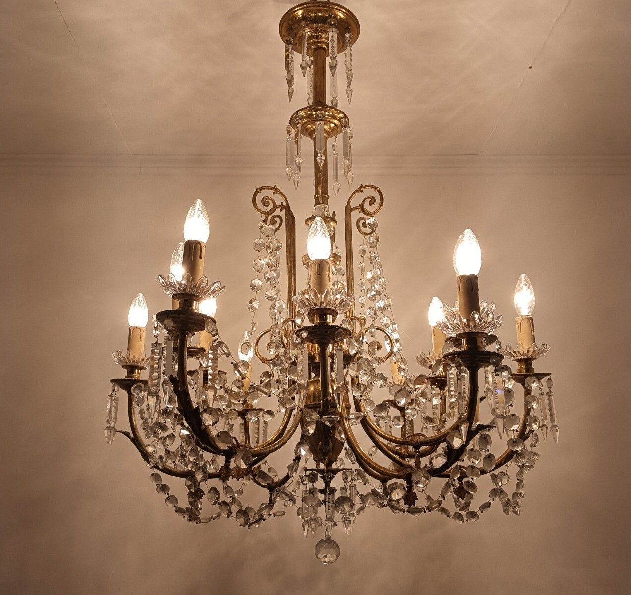 French Antique Chandelier Bronze Dore With Prisms And Bobeches From Portieux 19t photo for sale
