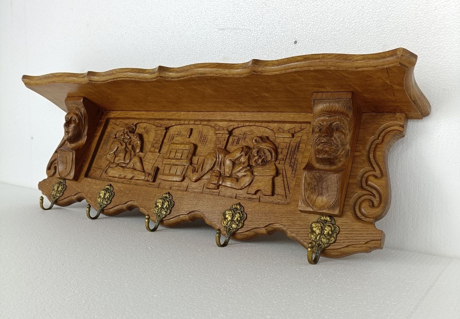 Gorgeous Hand Carved Wood Oak Coat Hat Rack Breughel Style Figurine Heads Antiqu photo Furniture