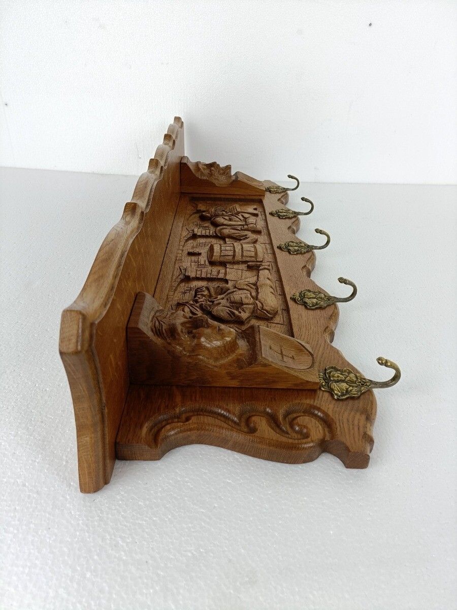 Gorgeous Hand Carved Wood Oak Coat Hat Rack Breughel Style Figurine Heads Antiqu photo buy