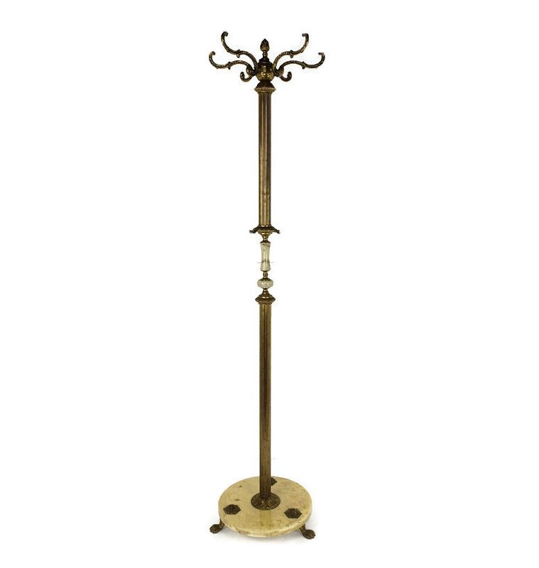 Mid Century Modern Cast Brass Hall Tree Coat Hat Rack Marble Base Eyecatcher Pin