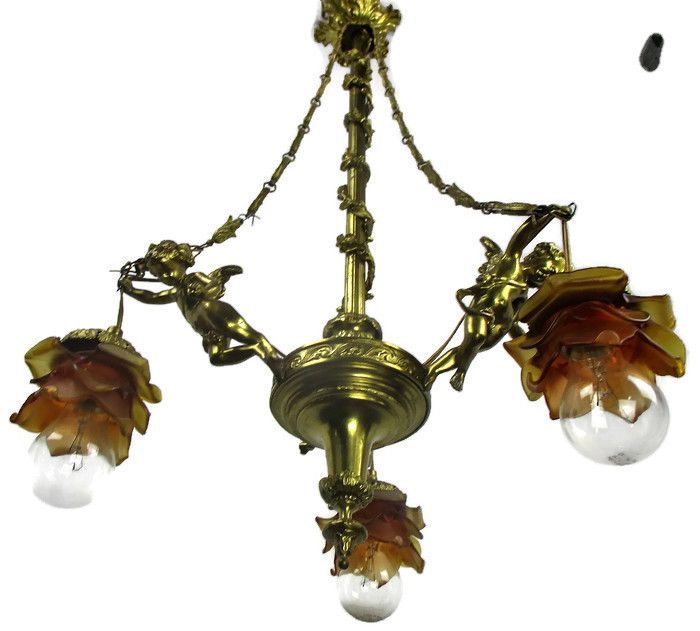 Antique Empire  Chandelier Putti Cherubs Angels 3 Arm Lights Amber Shades Lovely