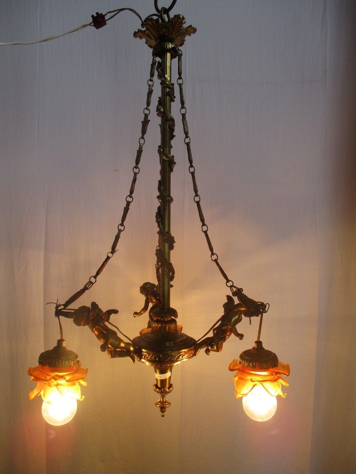 Antique Empire  Chandelier Putti Cherubs Angels 3 Arm Lights Amber Shades Lovely photo furniture